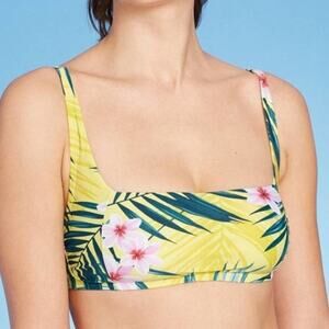 Yellow Tropical Floral Print Square Neck Bikini Top Swimsuit Women